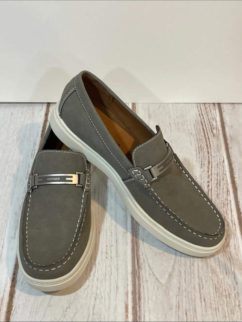 Tommy Hilfiger Men's Gray Slip-On Loafers with White Sole